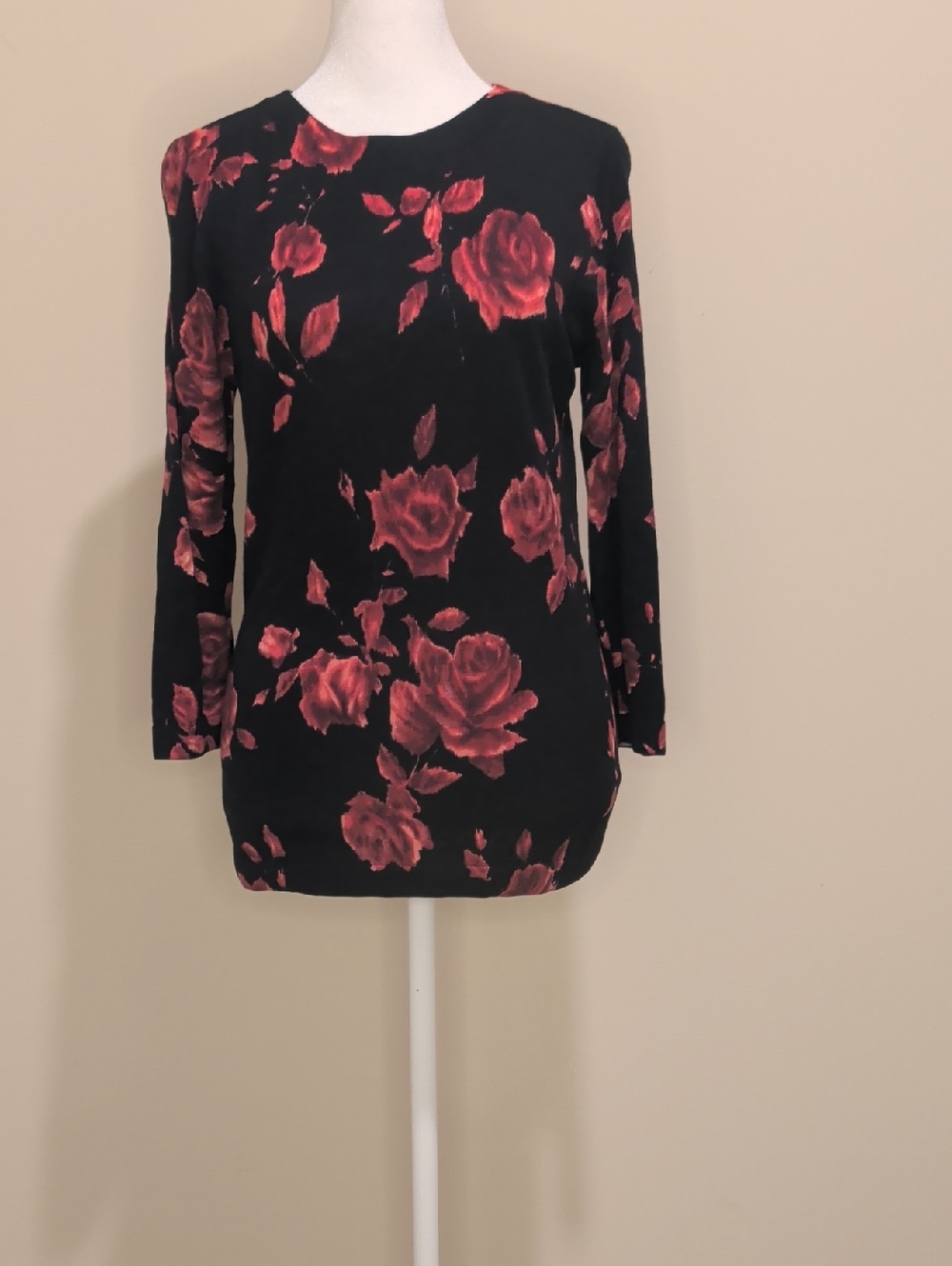 Talbots Black Pure Merino Wool Top  with Red Floral Detail